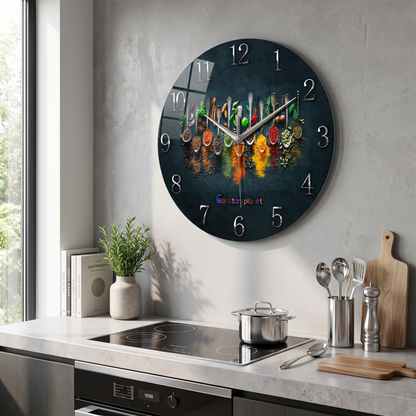 14 inch black glass wall clock in a modern kitchen