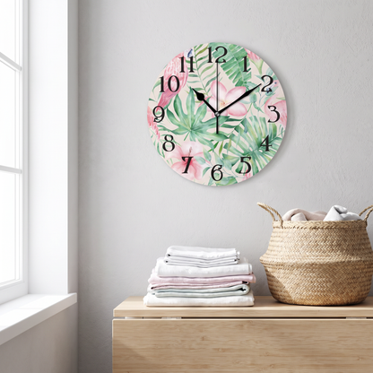 Tropical flamingo wall clock in a laundry room
