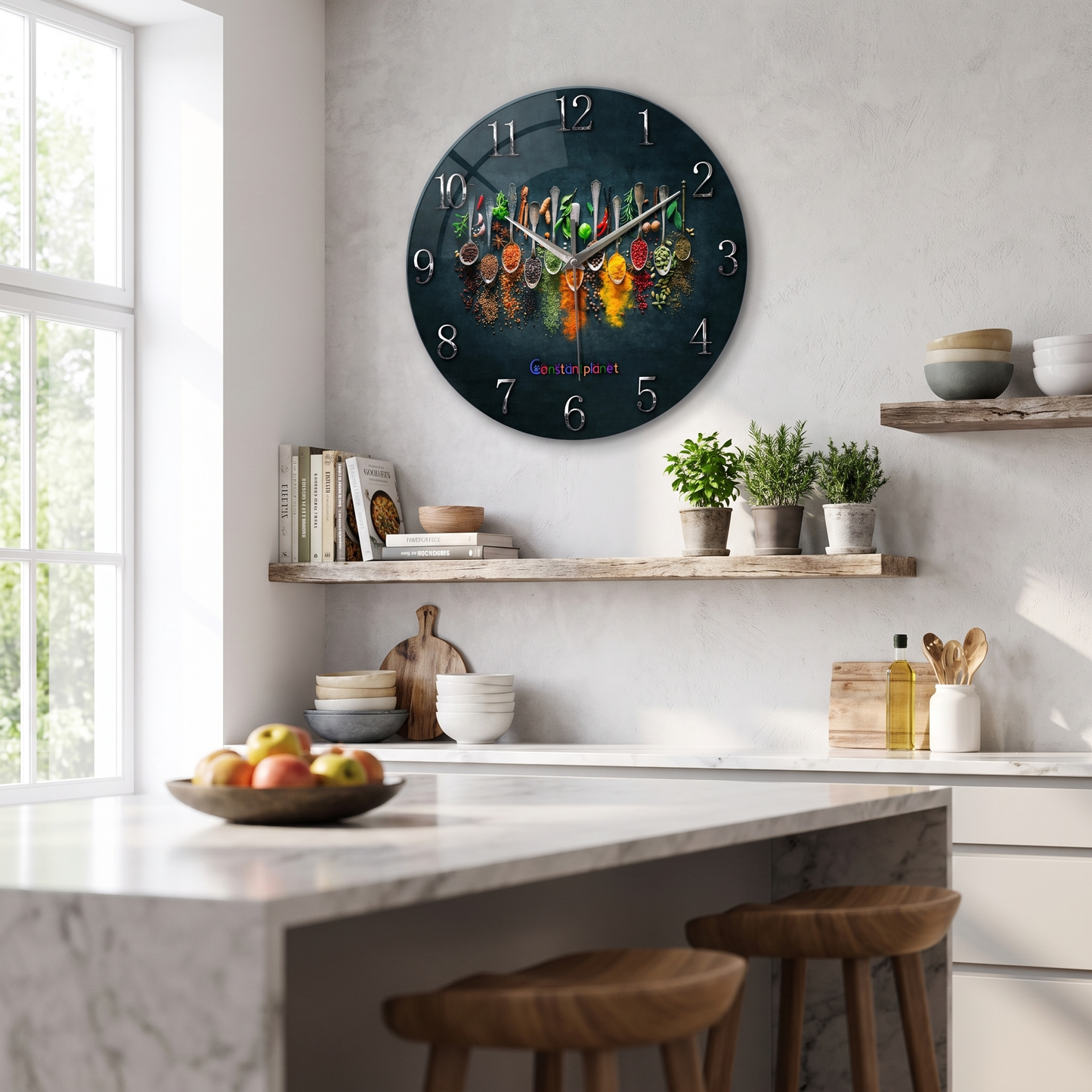 14 inch black glass wall clock in an open-plan kitchen