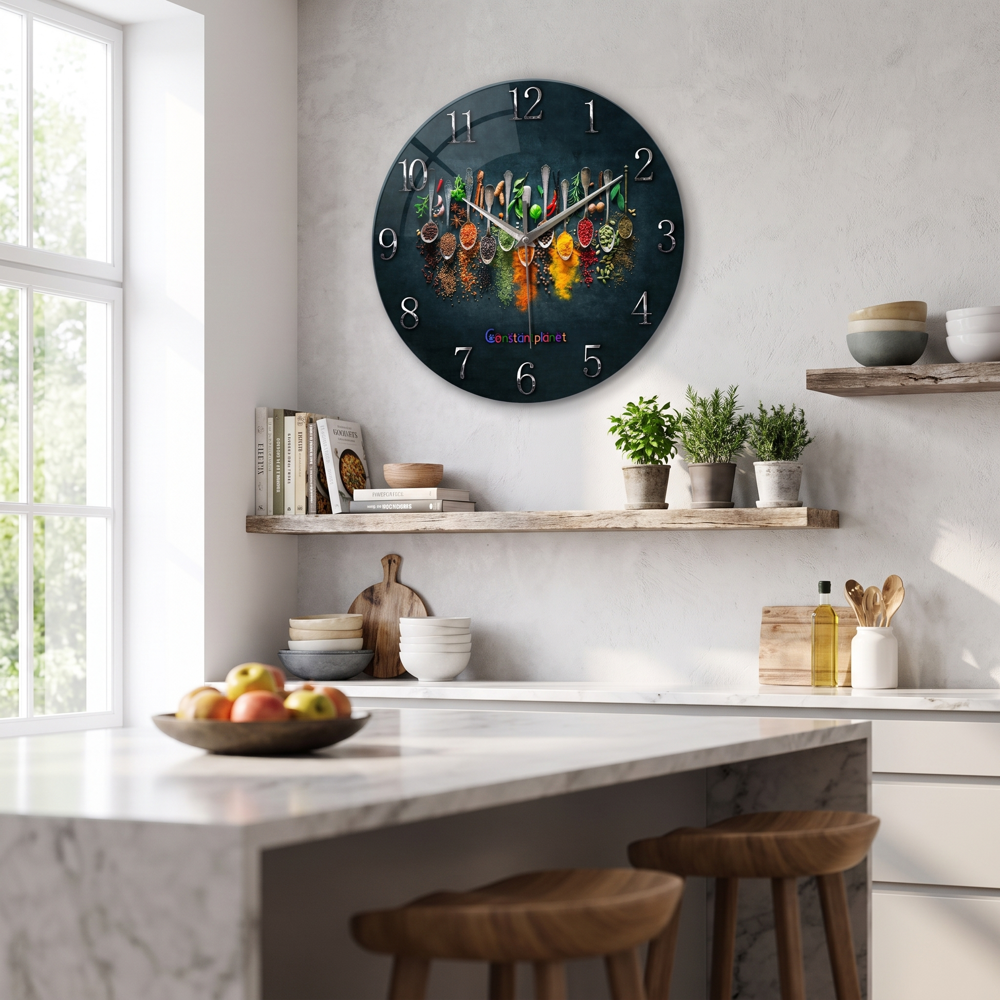 14 inch black glass wall clock in an open-plan kitchen