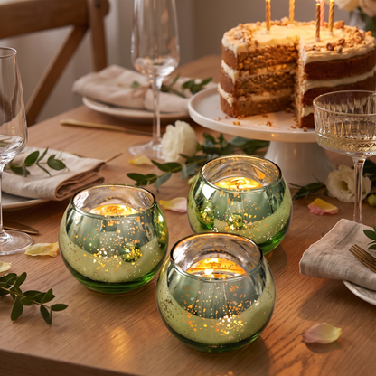 Green mercury glass votive holders on a birthday party table