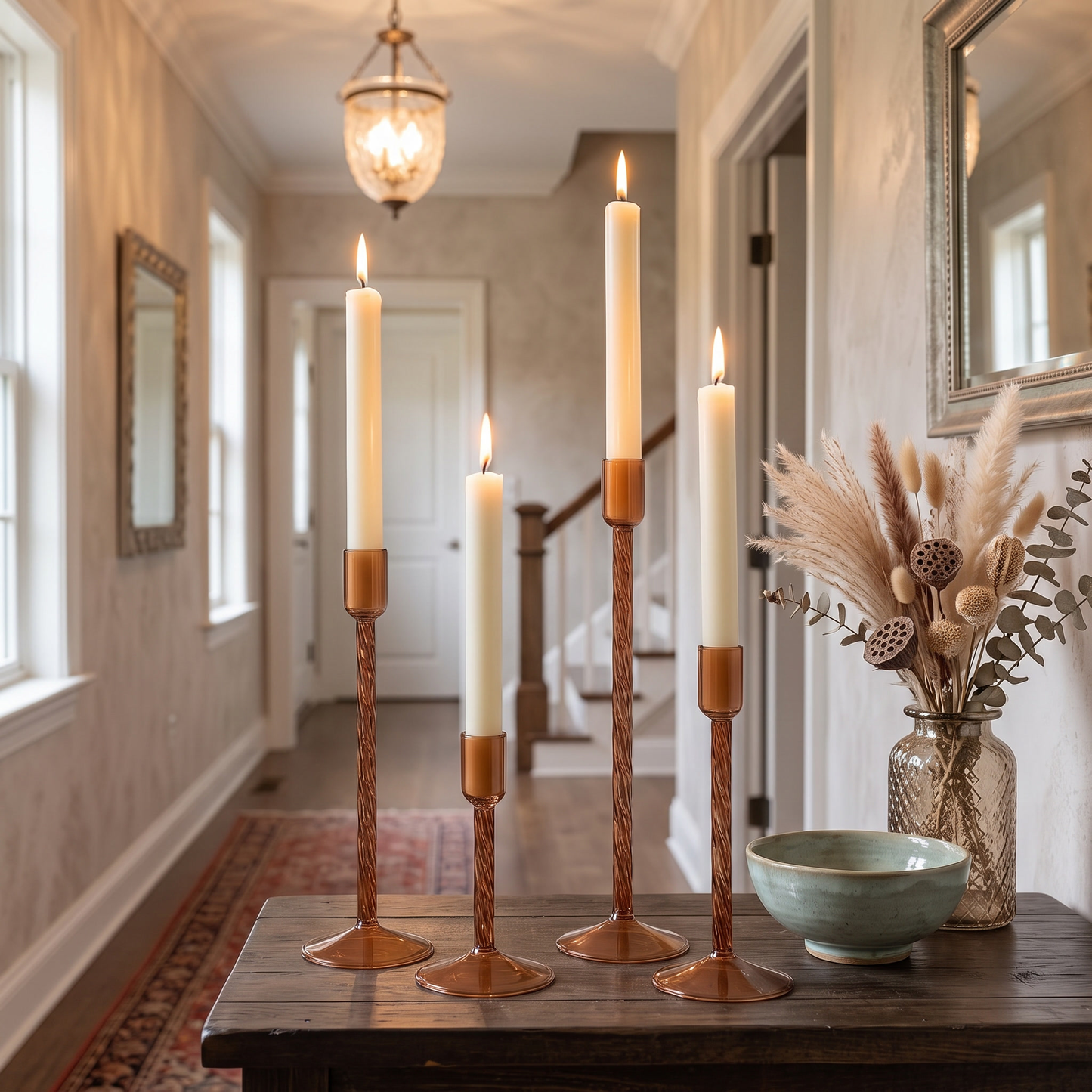 Brown glass taper candle holders on an entryway console table