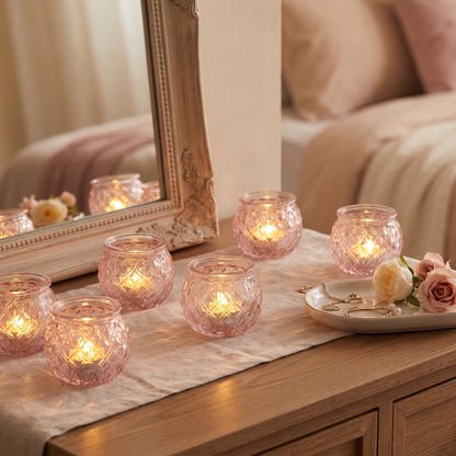 Pink votive candle holders styled on a bedroom dresser