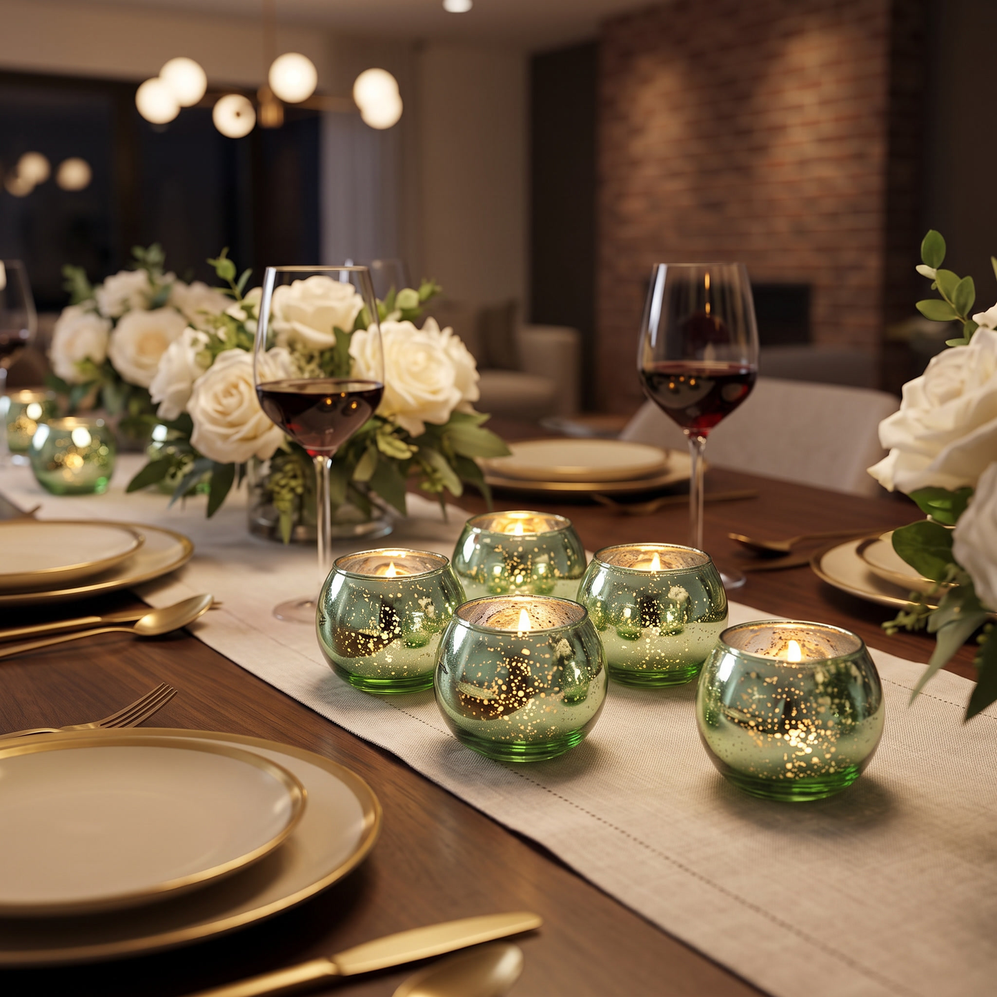 Green mercury glass votive holders on a home dining table