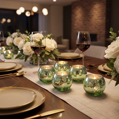 Green mercury glass votive holders on a home dining table