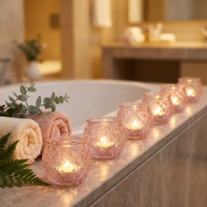 Pink votive candle holders on a bathtub surround