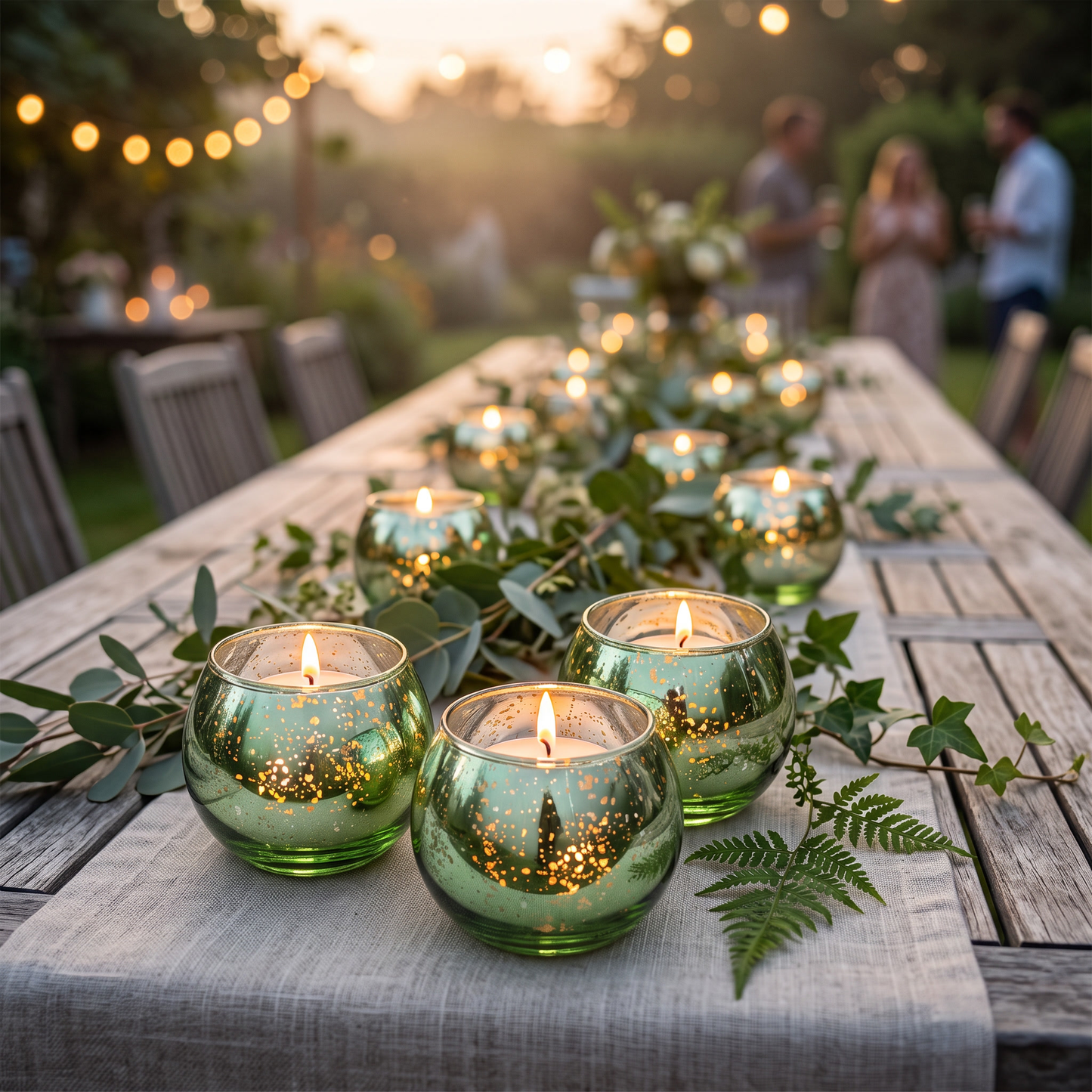 Green mercury glass votive holders on a garden party table