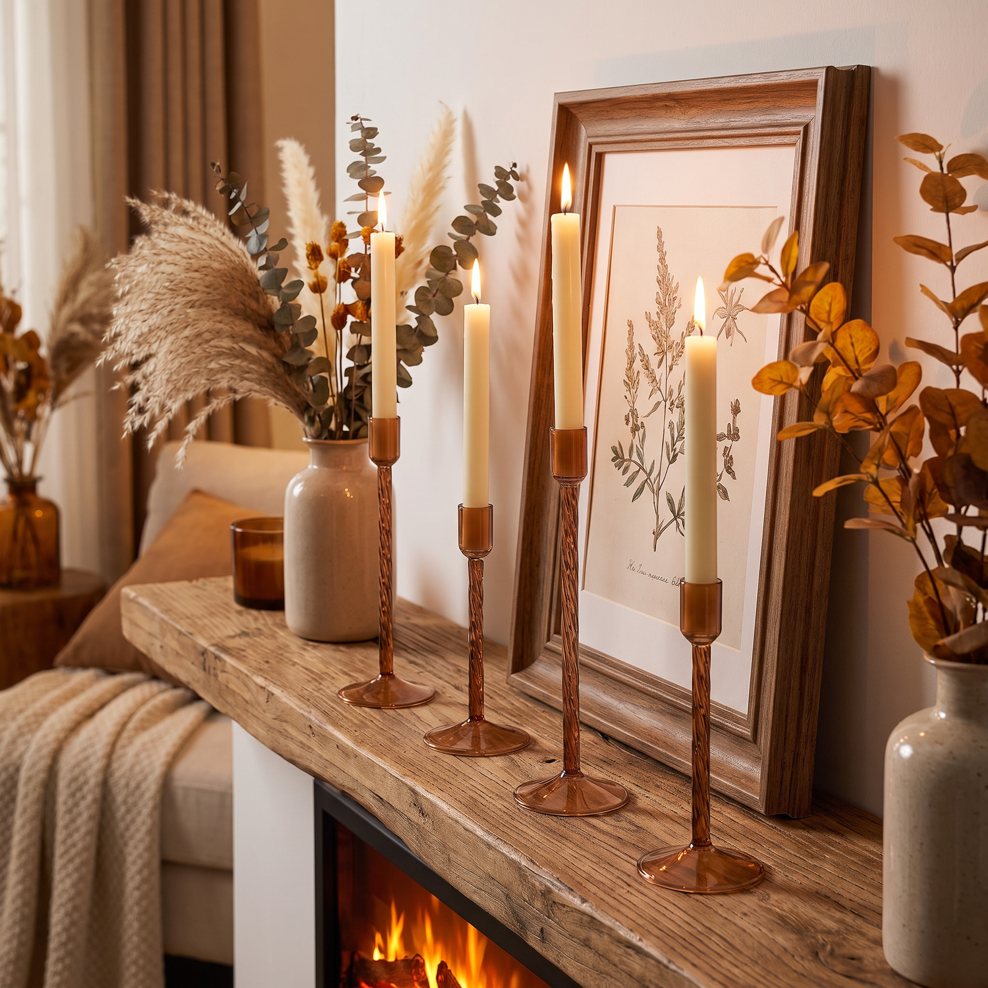 Brown glass taper candle holders styled on a mantelpiece
