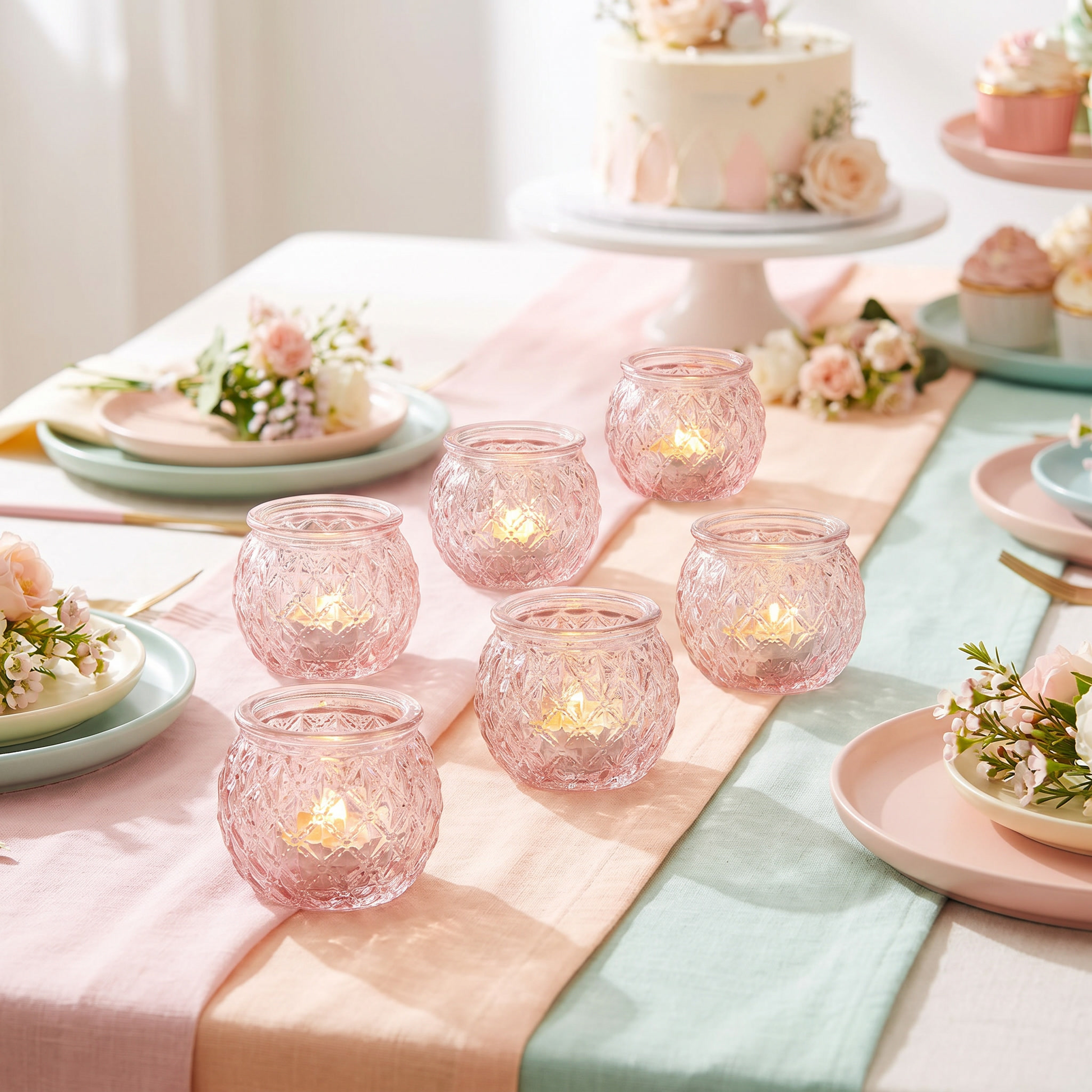 Pink votive candle holders on a party table