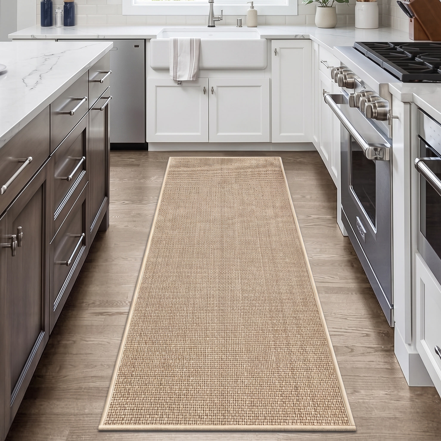 Beige kitchen runner mat in front of a kitchen sink