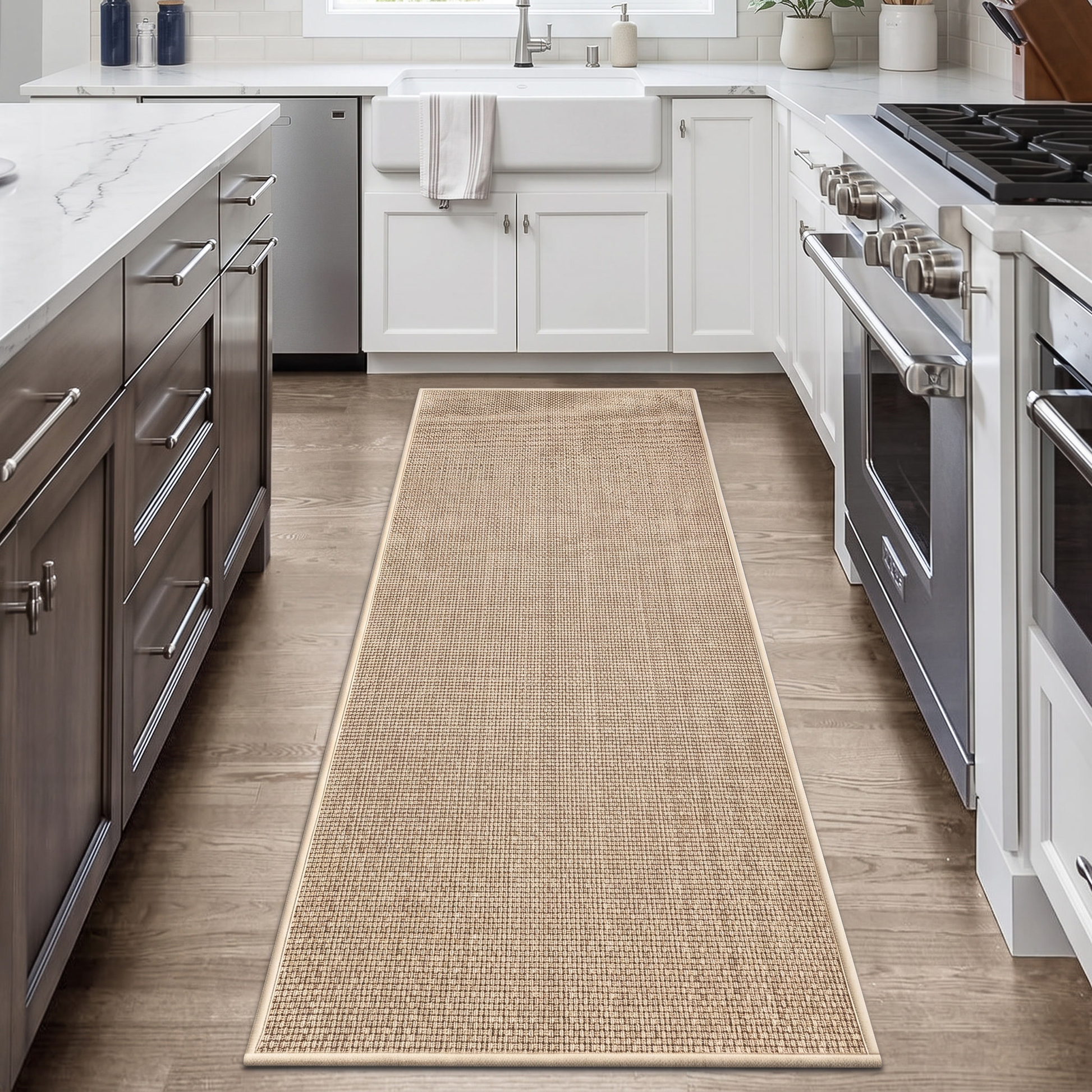 Beige kitchen runner mat in front of a kitchen sink