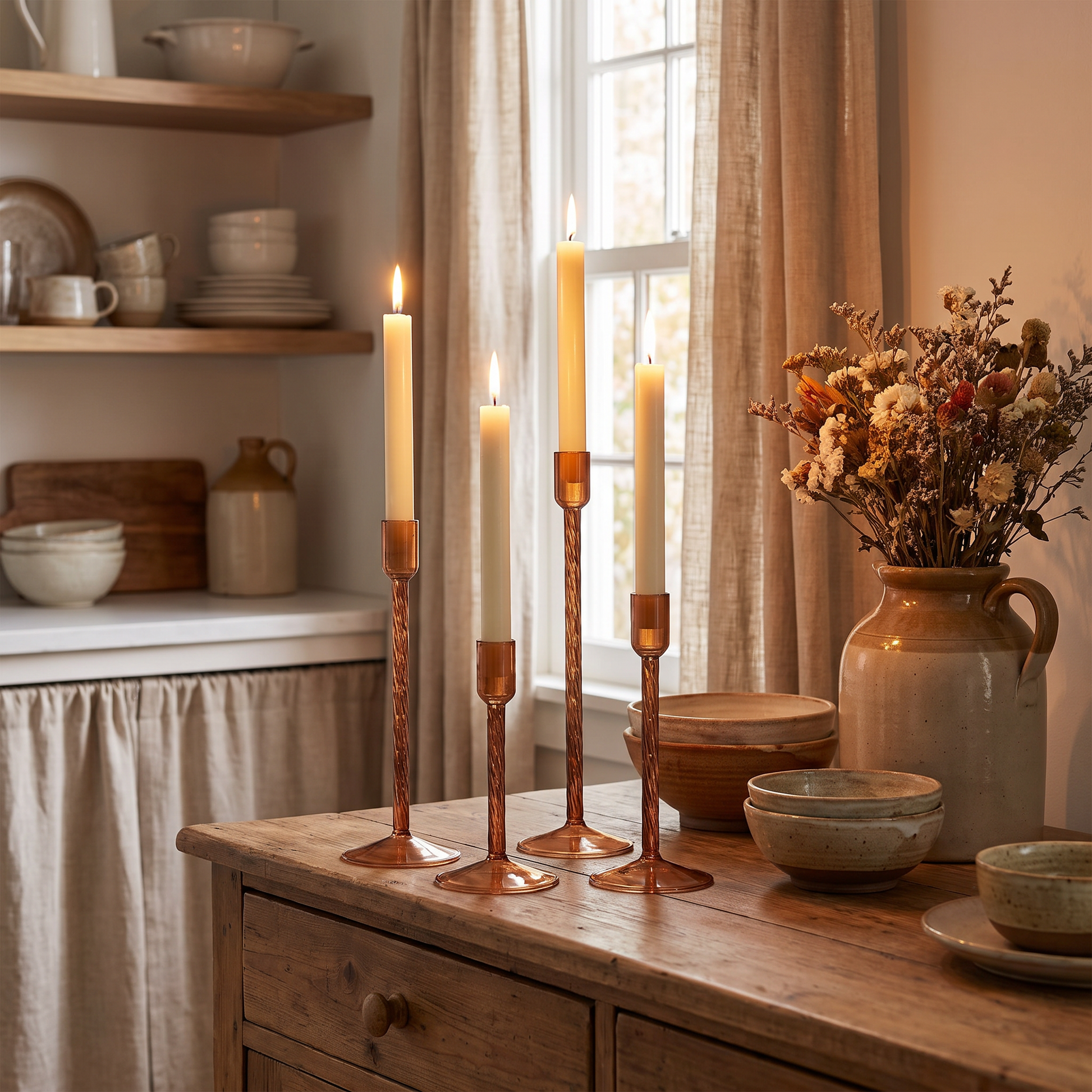 Brown glass taper candle holders on a kitchen sideboard