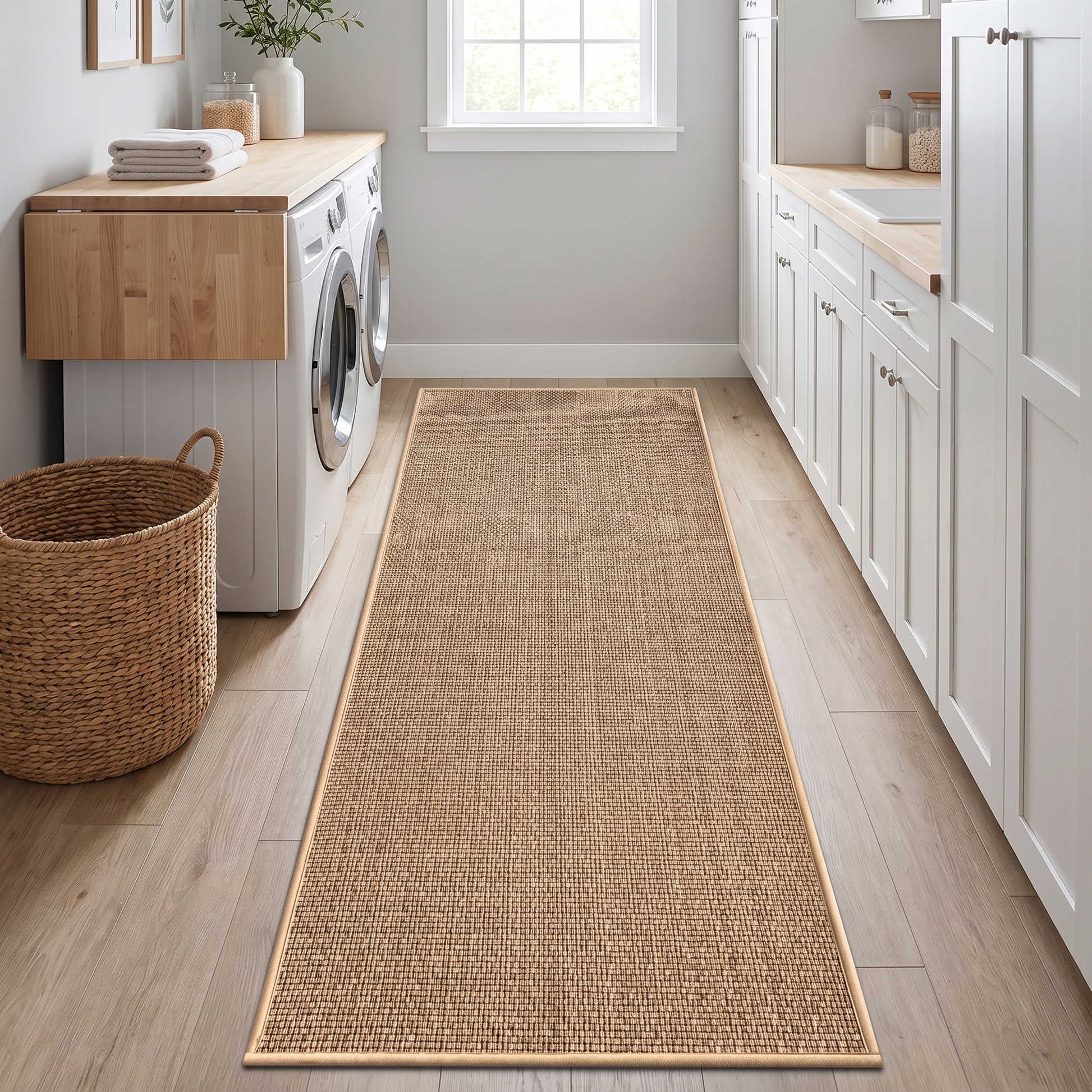 Beige runner mat in a laundry room