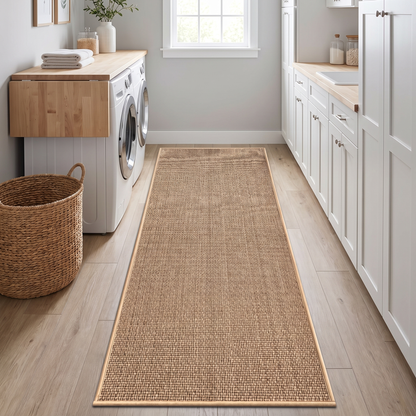 Beige runner mat in a laundry room