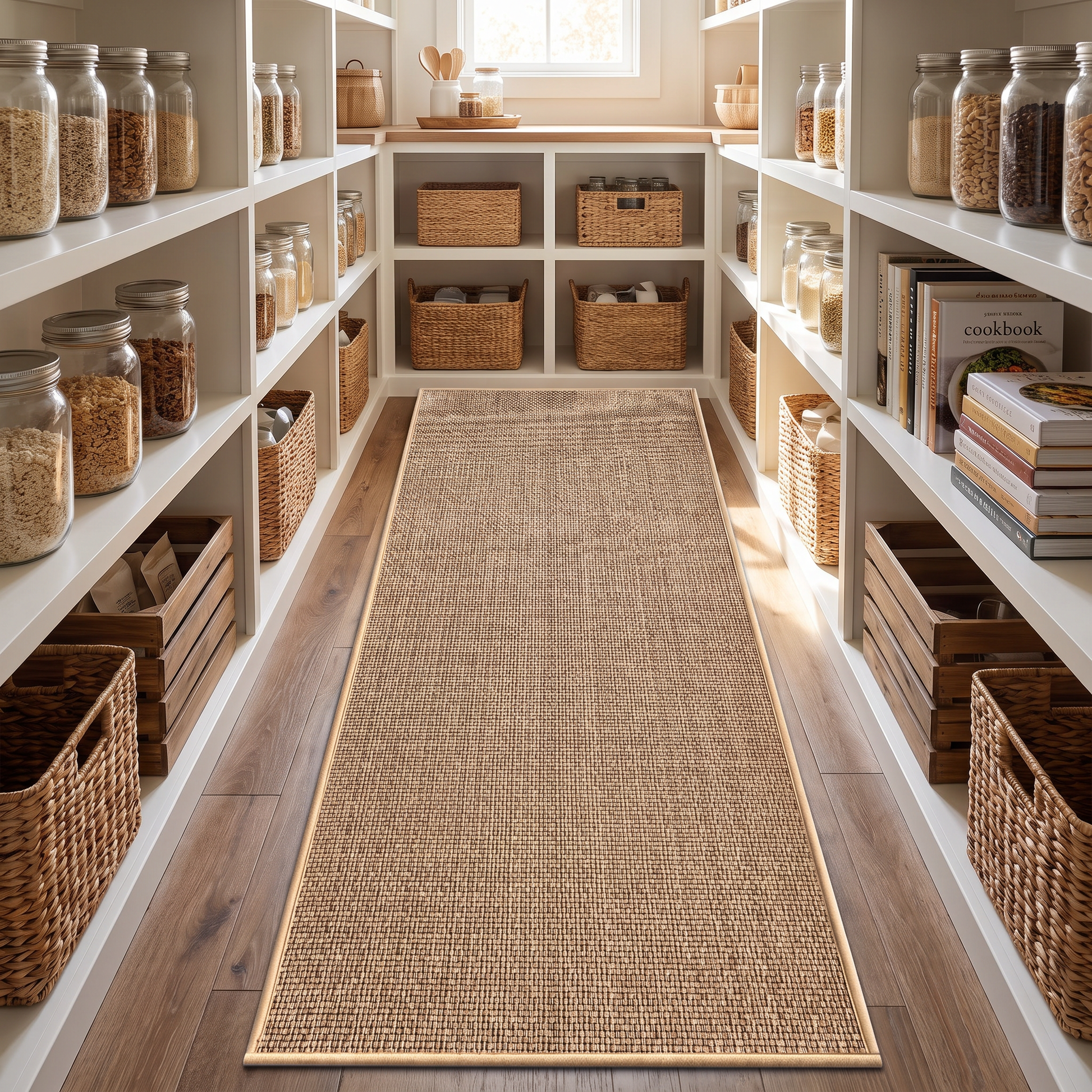 Beige runner mat along a walk-in pantry floor