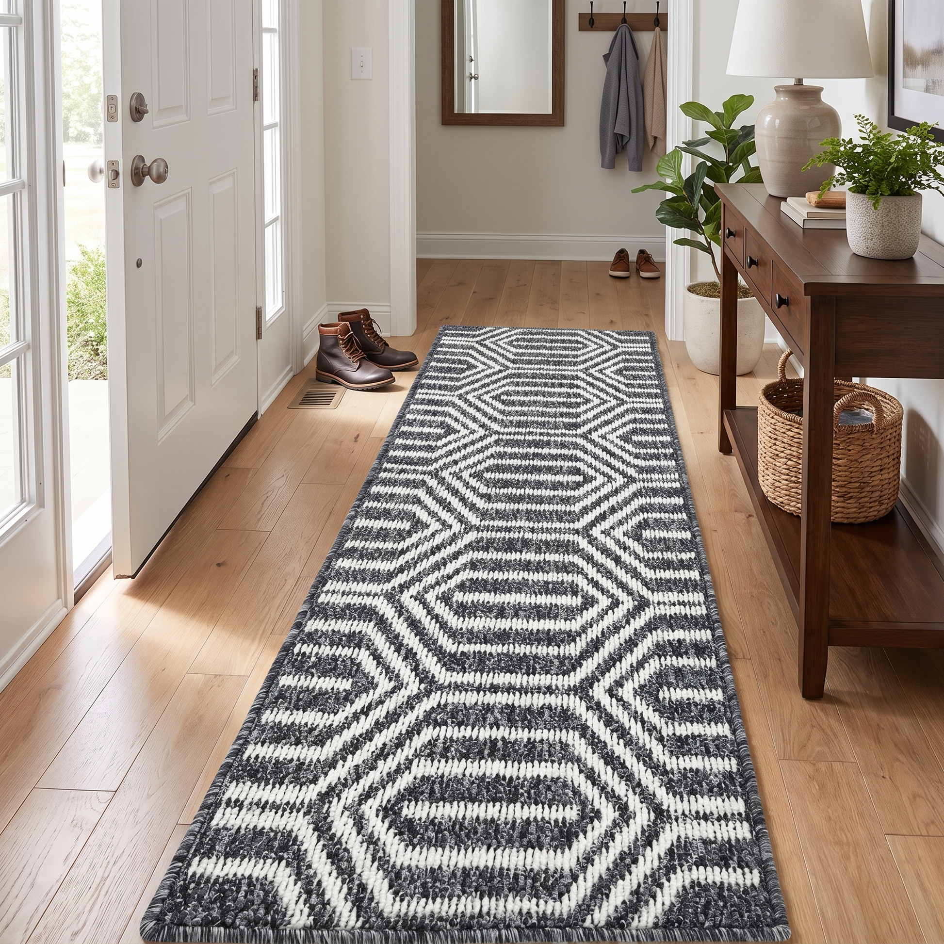 Black runner rug inside a front entry door