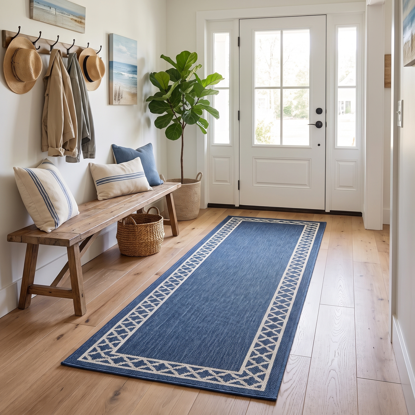 Trellis denim runner rug in a front entryway