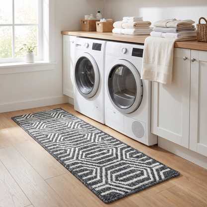 Black runner rug in a laundry room
