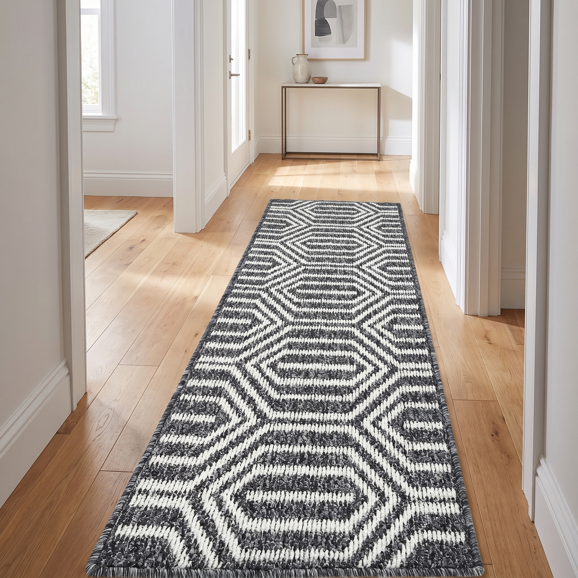 Black runner rug down a hallway