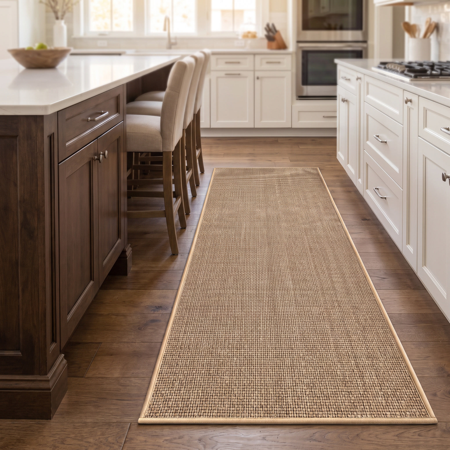 Beige kitchen runner mat alongside a kitchen island
