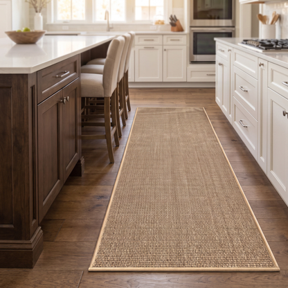 Beige kitchen runner mat alongside a kitchen island