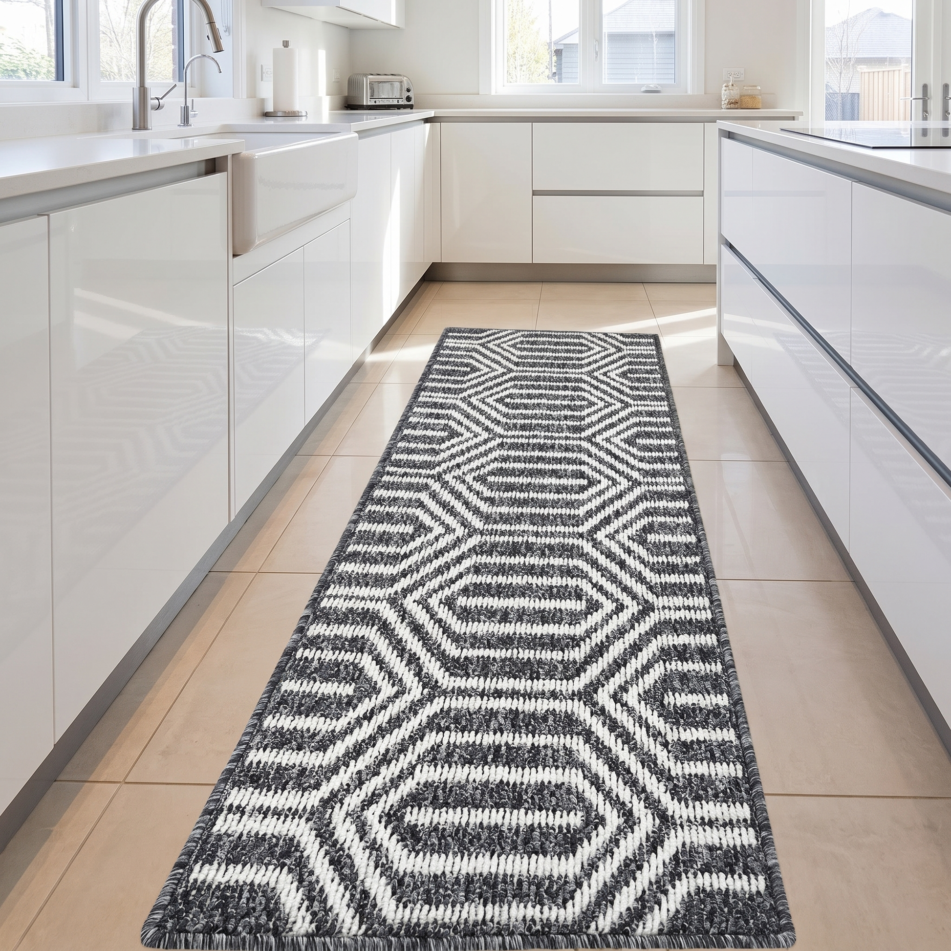 Black runner rug in front of kitchen cabinetry
