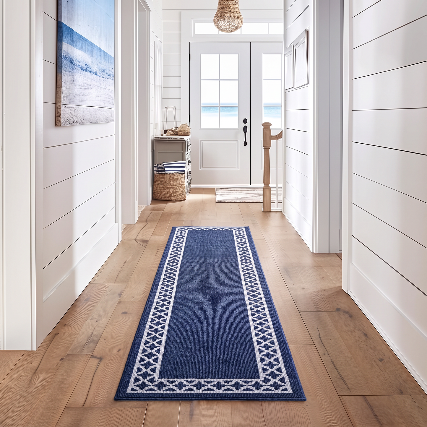 Trellis denim runner rug down a hallway