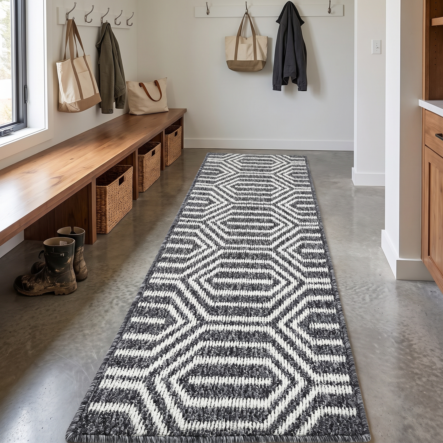 Black runner rug in a mudroom
