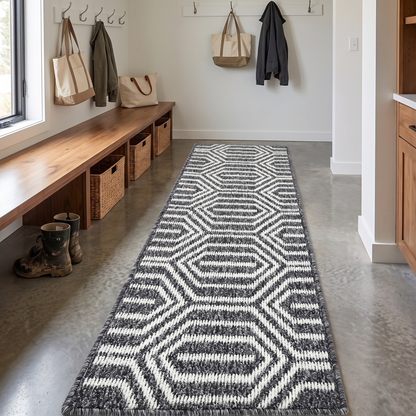 Black runner rug in a mudroom