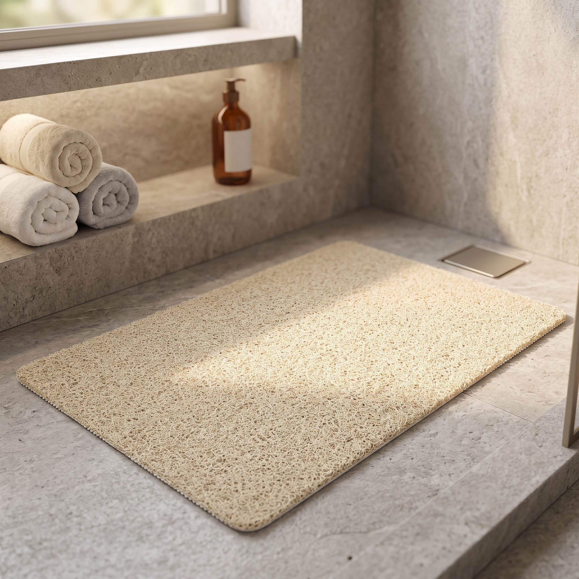 Beige non slip shower mat in an ensuite shower