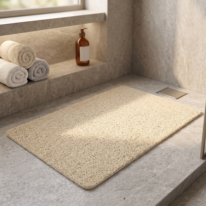Beige non slip shower mat in an ensuite shower