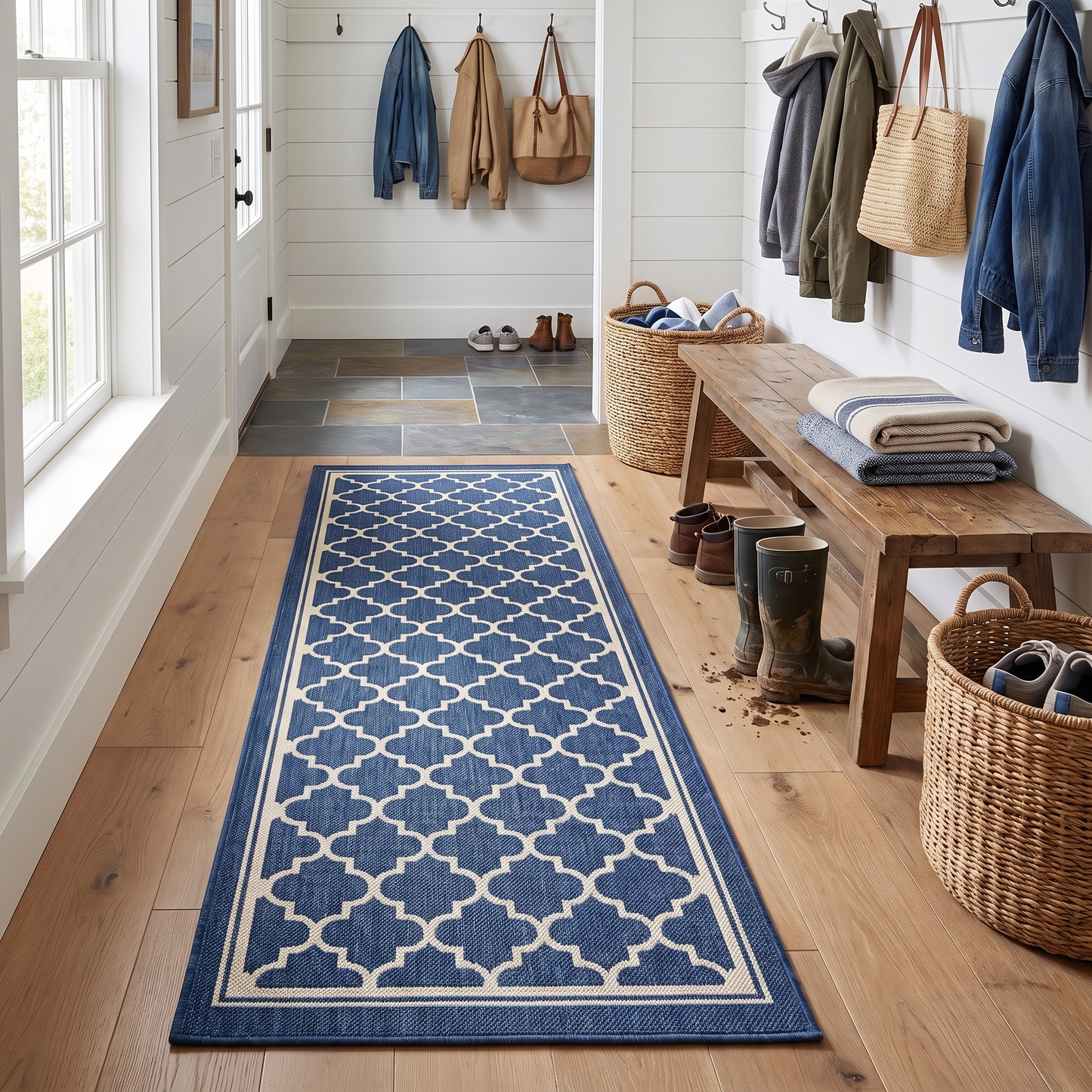 Trellis denim runner rug in a mudroom