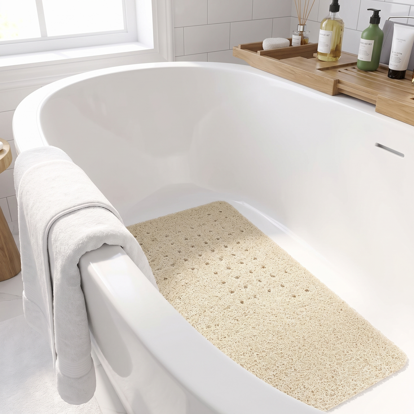 Beige non slip mat inside a white bathtub