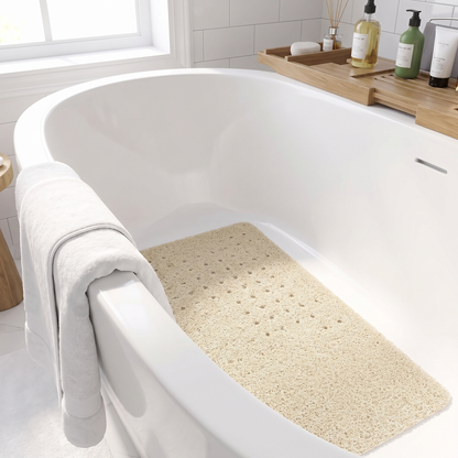 Beige non slip mat inside a white bathtub