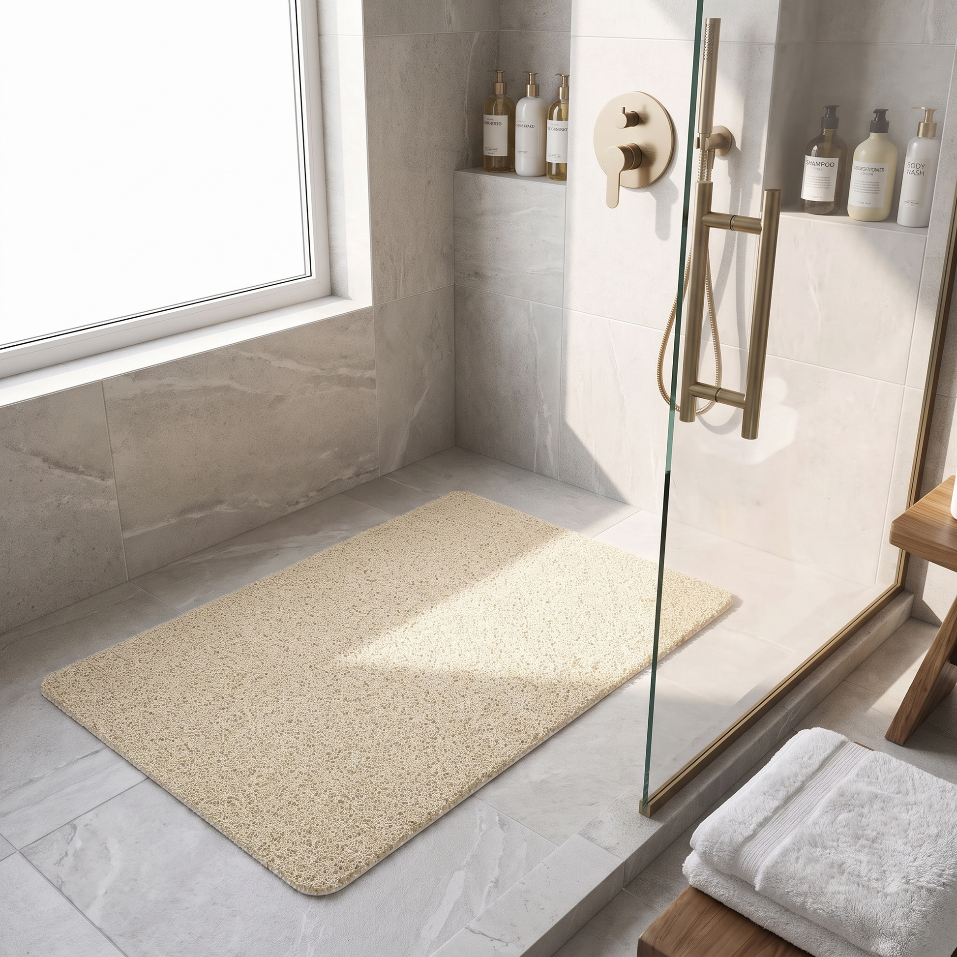Beige non slip shower mat inside a walk-in shower