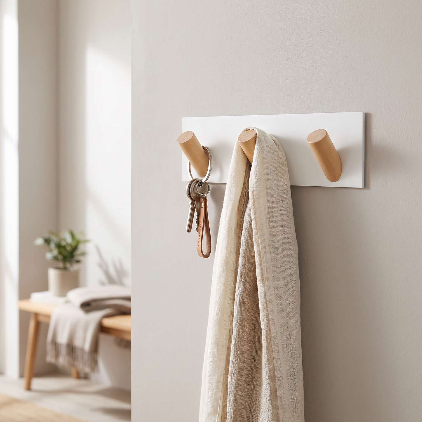 White Nordic wall key holder mounted in an entryway