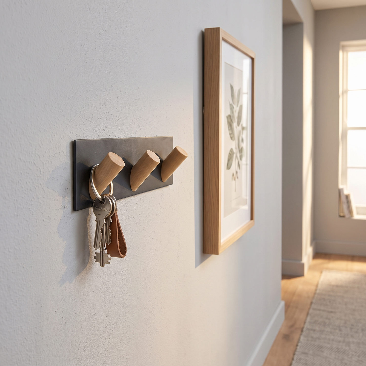 Black Nordic wall key holder on a hallway wall