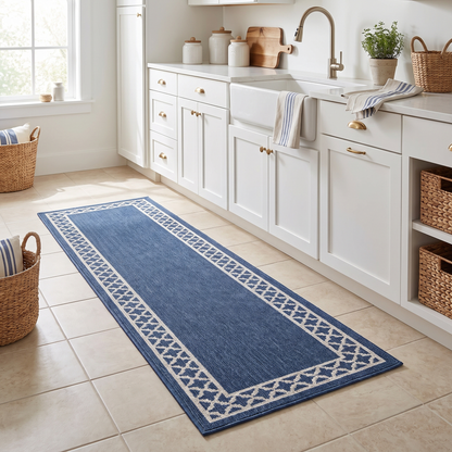 Trellis denim runner rug in front of kitchen cabinetry