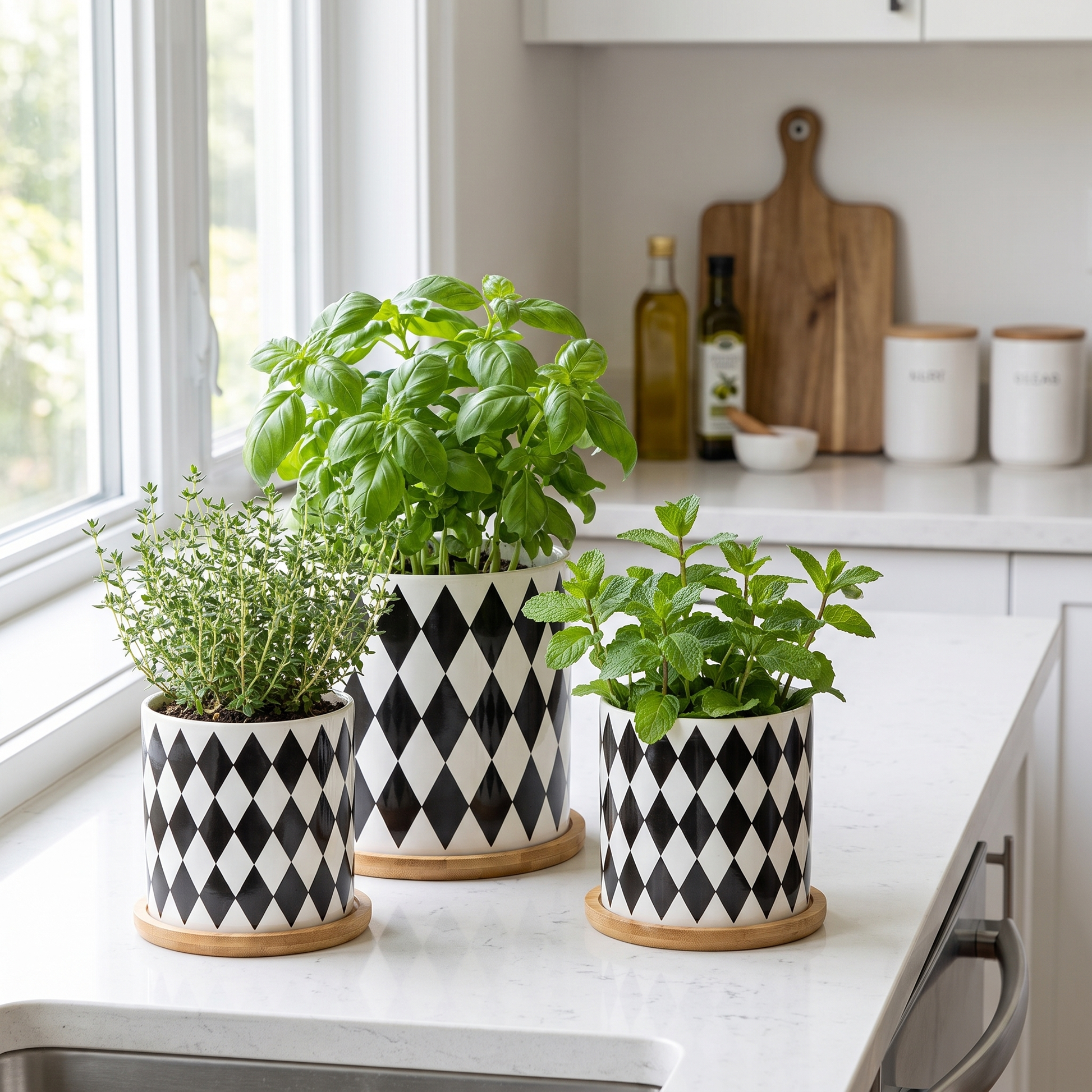 Black and white planters with herbs on a kitchen counter