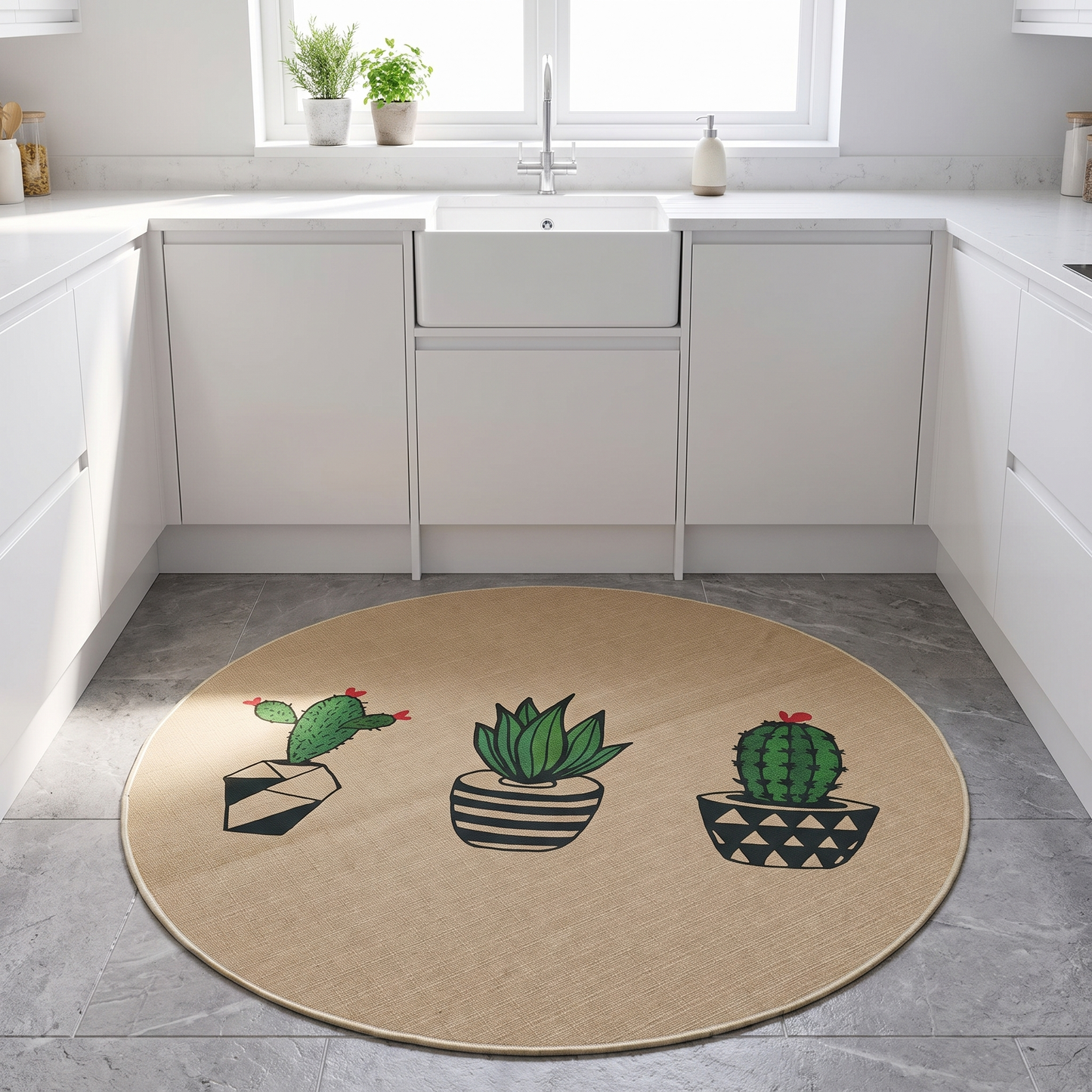 Round linen and silk mat in front of a kitchen sink