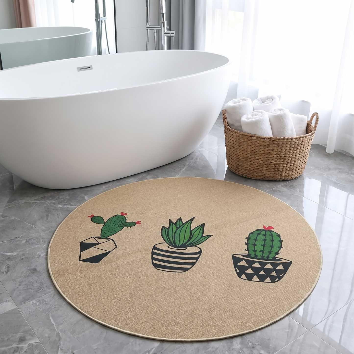 Round linen and silk mat beside a freestanding bathtub