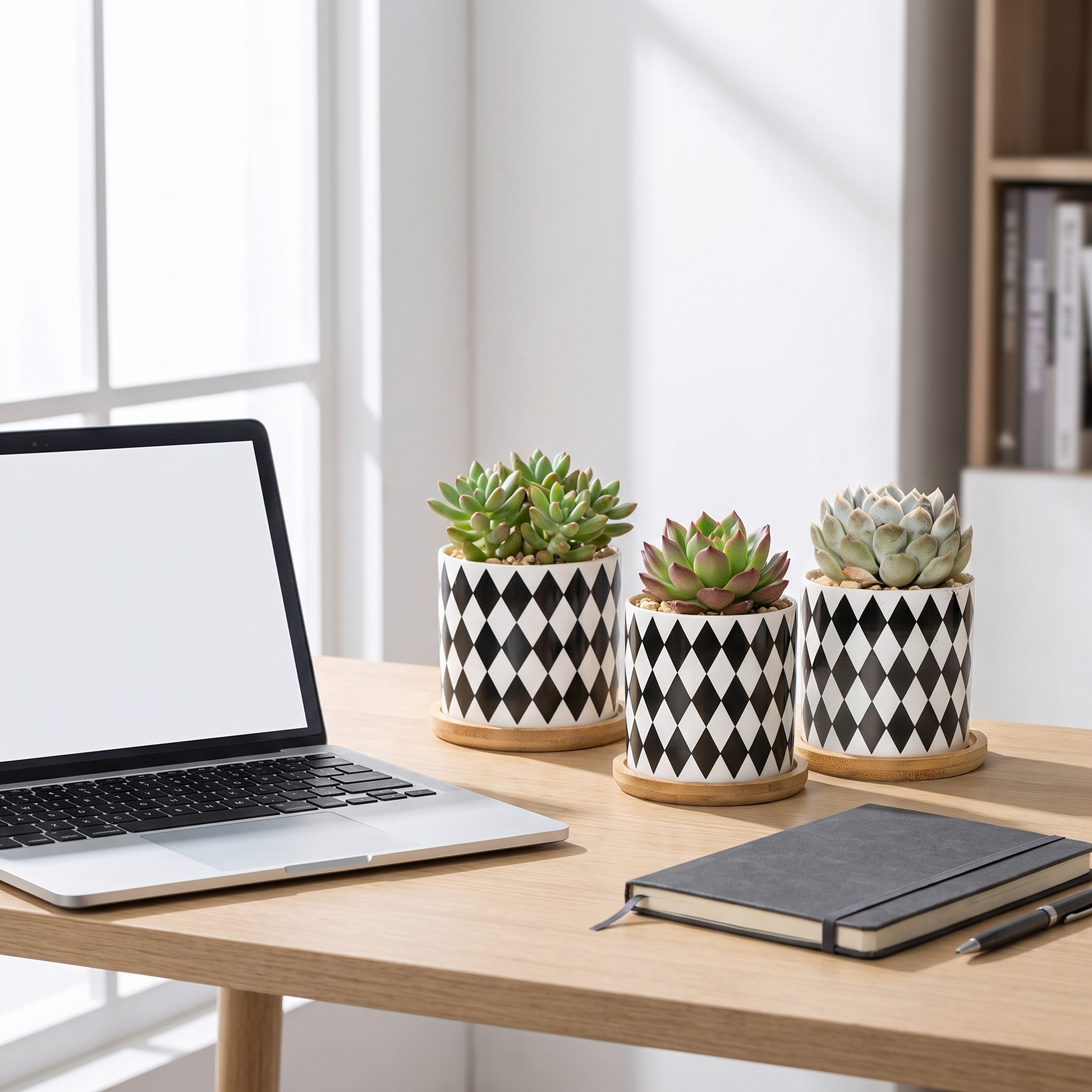 Black and white planters on a home office desk