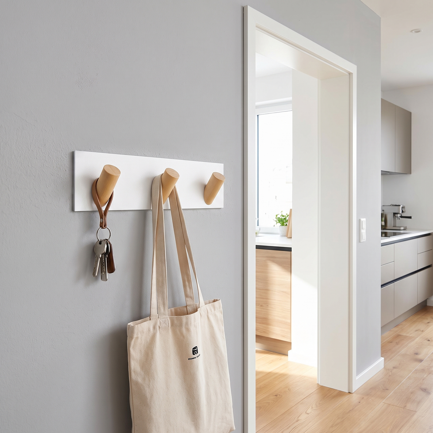 White Nordic wall key holder beside a kitchen doorway