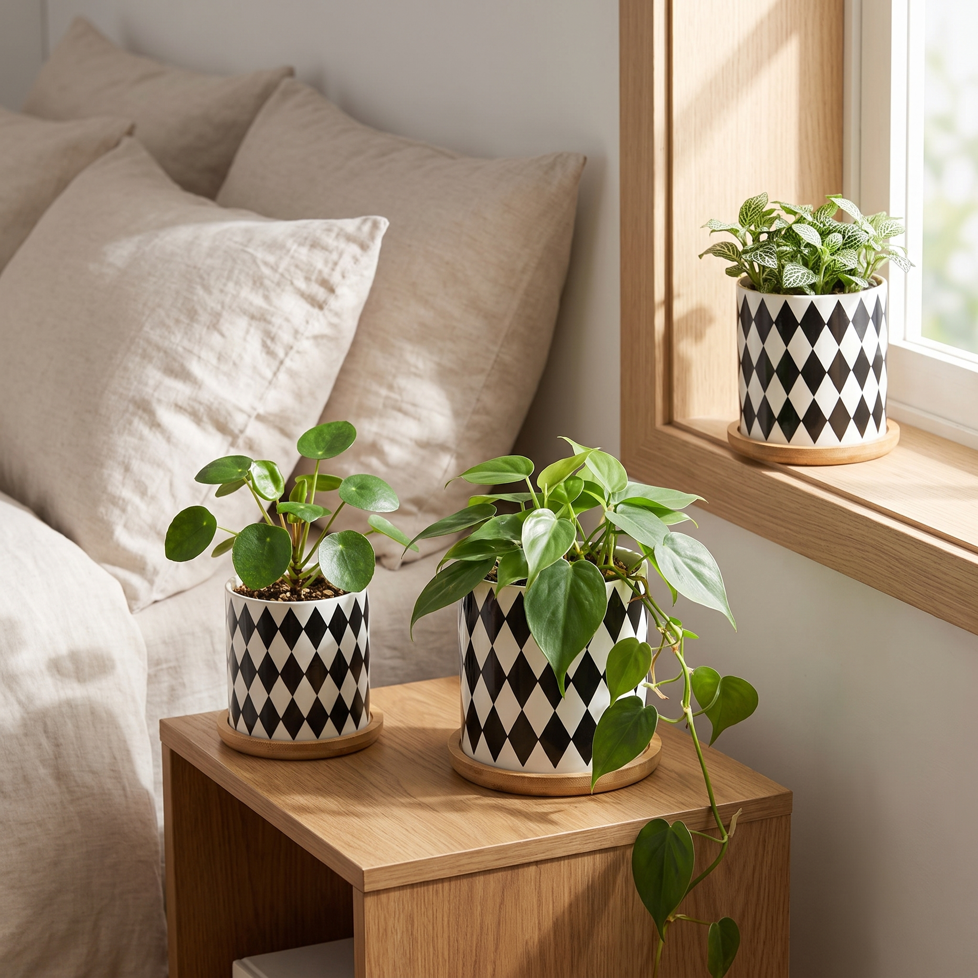 Black and white planters on a bedroom nightstand and windowsill