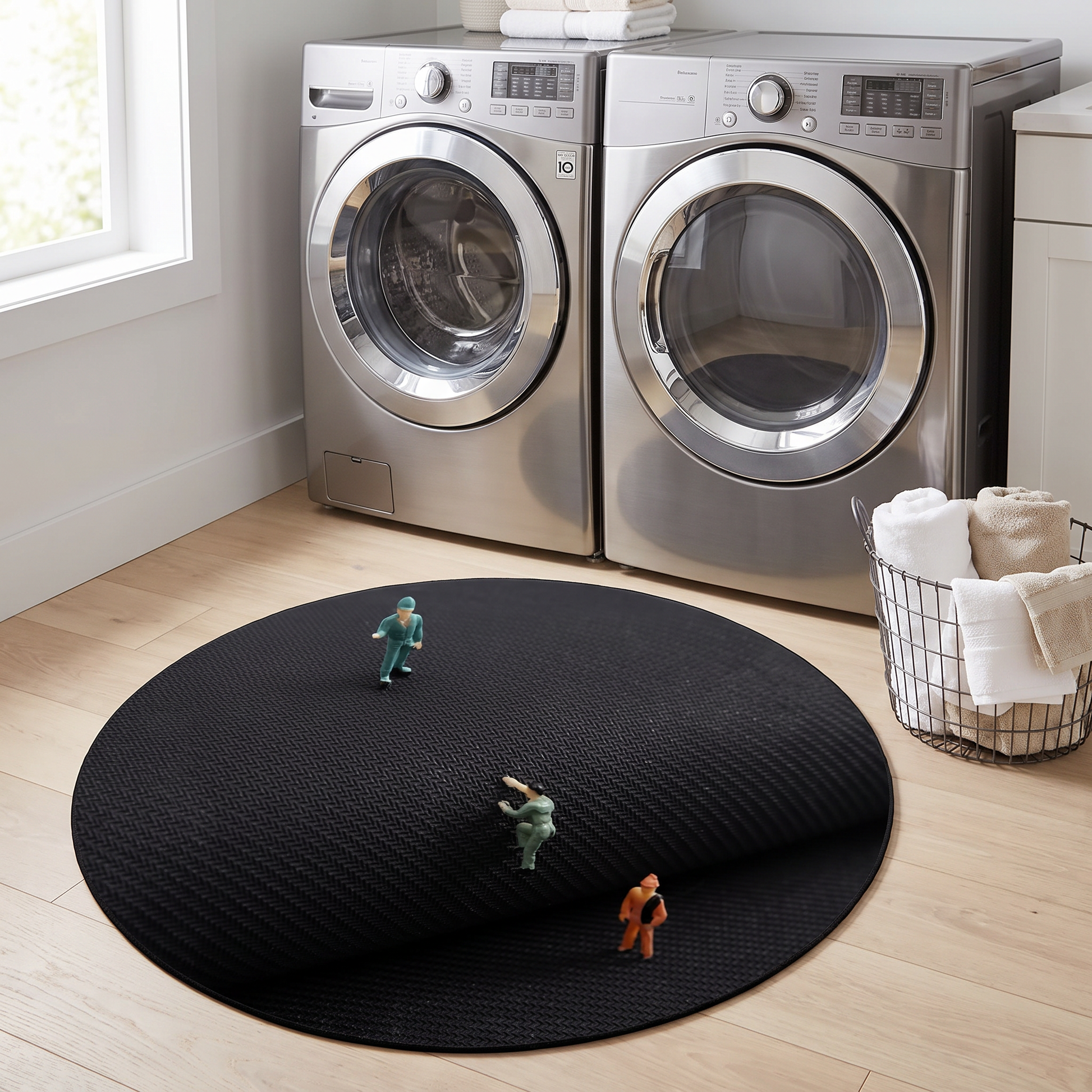 Round linen and silk mat in a laundry room