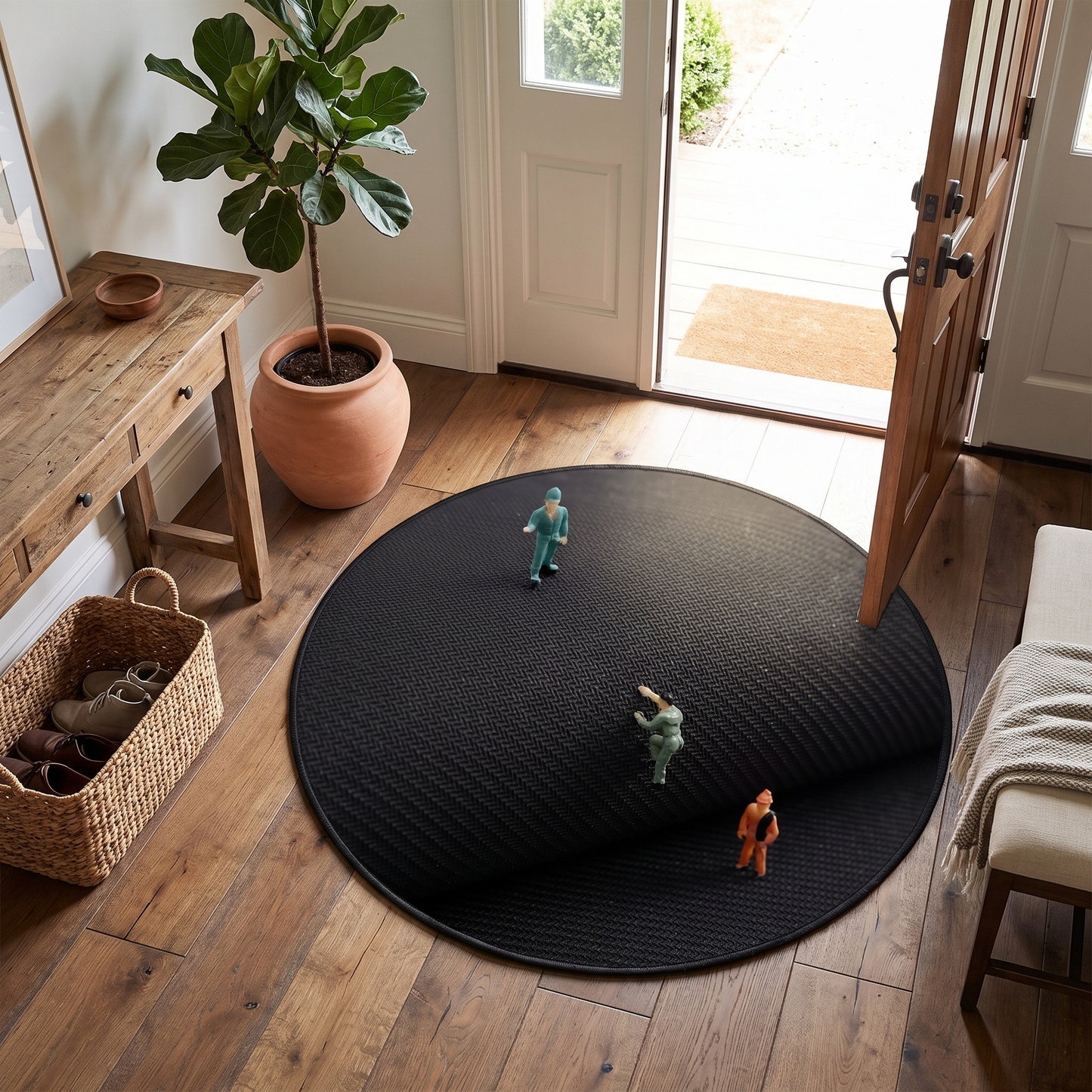Round linen and silk mat inside a front entry door