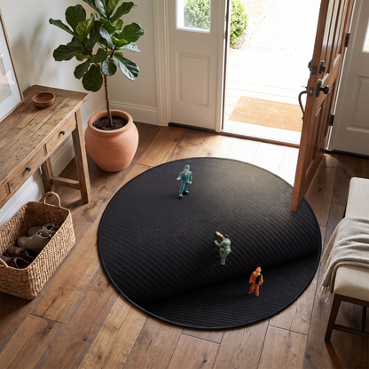Round linen and silk mat inside a front entry door
