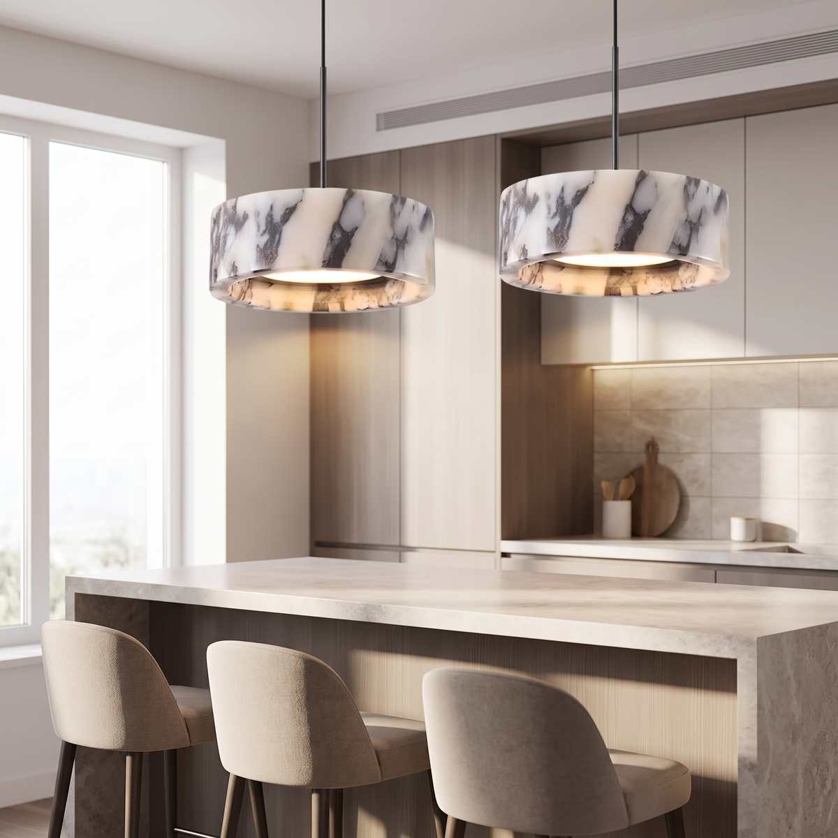 Pair of marble drum pendant lights above a kitchen island