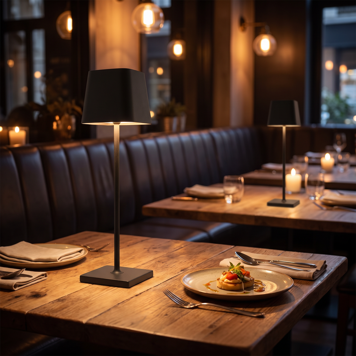 Cordless table lamp on a bistro restaurant table at night
