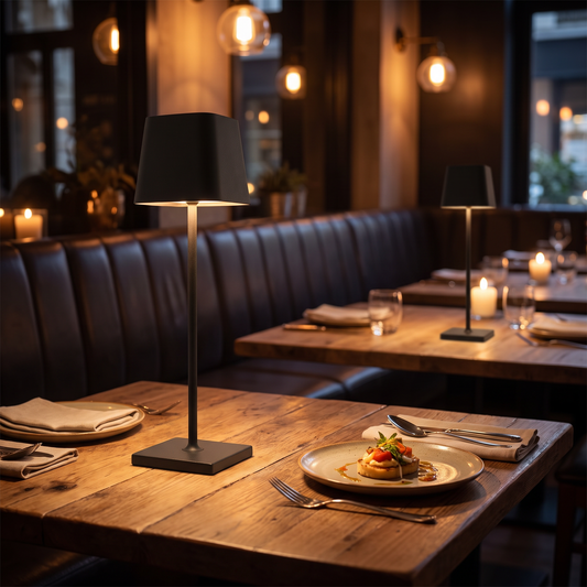 Cordless table lamp on a bistro restaurant table at night